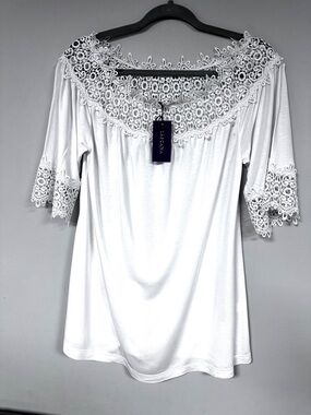 LASCANA White Lace Trimmed Scoop Neck Top / Blouse 36/ 38  NWT